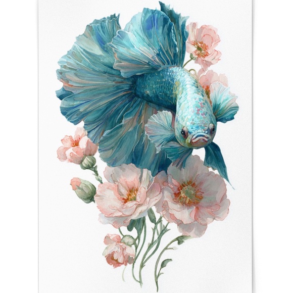 Watercolor Betta Fish with Flowers Wall Art Print Unframed - Enchanting Aquatic - Picture 2 of 6